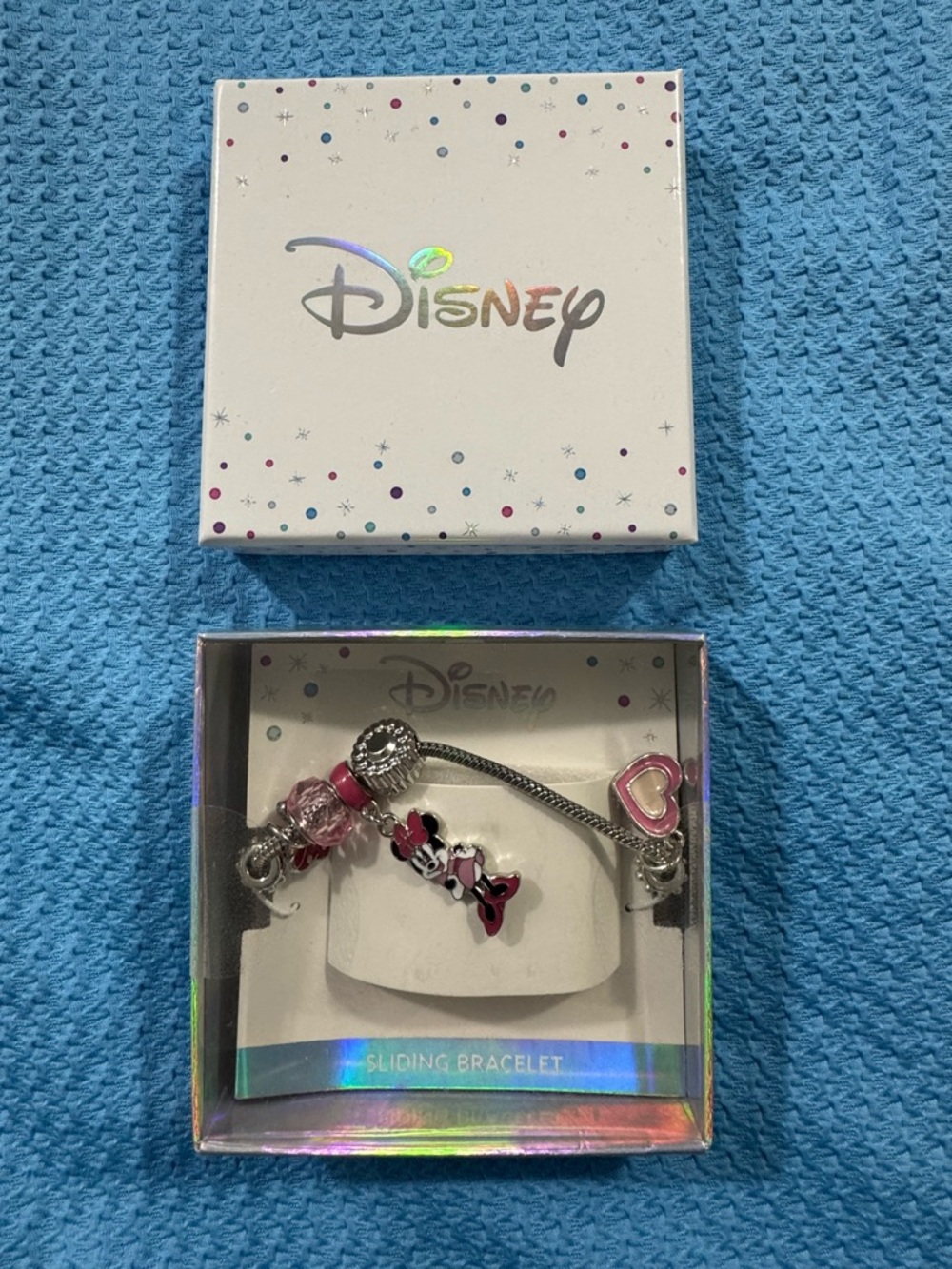 Disney Silver-Tone Bracelet with Pink Minnie Mouse and Heart Charms